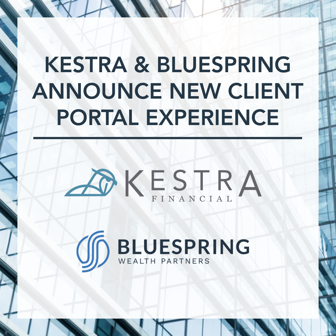 a graphic with the kestra and bluespring logos that announces a new client portal experience