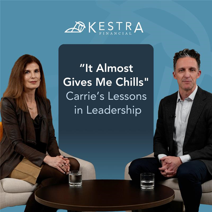 A podcast thumbnail featuring a photo of James Collins and Carrie Coghill. The copy on the graphic reads "'It Almost Gave Me Chills.'" Carrie's Lesson in Leadership."
