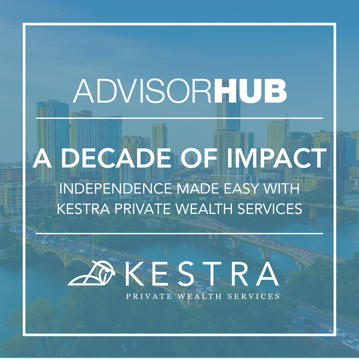 A graphic that says "A decade of impact" with the Kestra Financial and AdvisorHub logos.